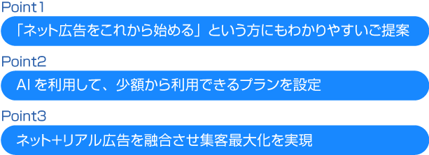 「ネット広告をこれから始める」という方にもわかりやすいご提案／AIを利用して、少額から利用できるプランを設定／ネット＋リアル広告を融合させ集客最大化を実現